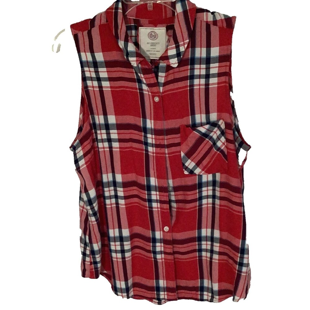 Womens Juniors Plaid Sleeveless Shirt, XL, Blue&Red, SO Authentic Amer Heritage